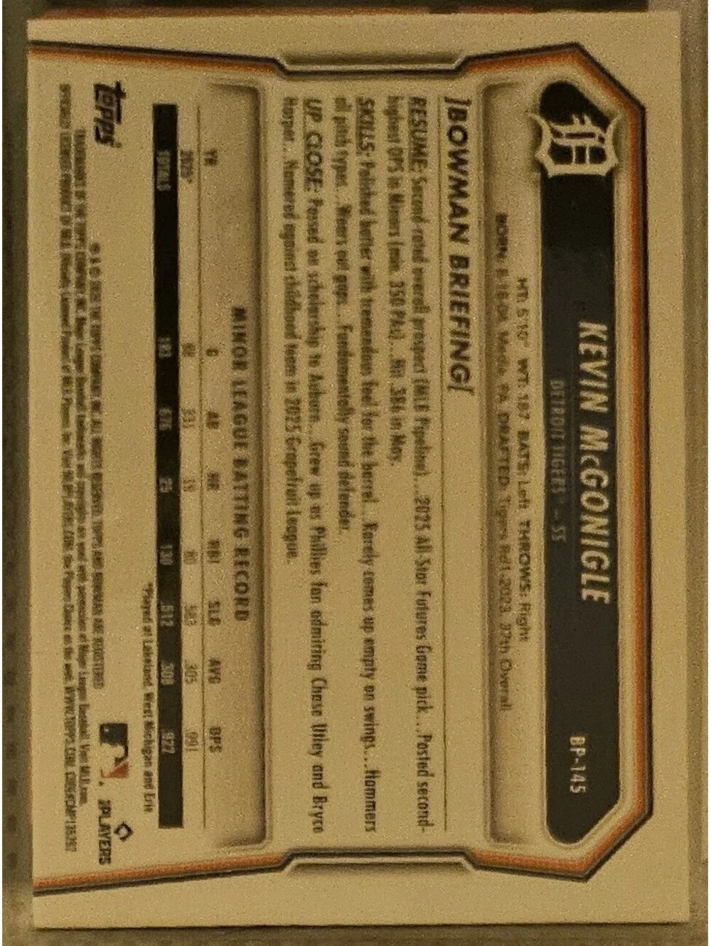 Kevin McGonigle #BP-145 - 2026 Bowman Paper Prospect - Detroit Tigers All star